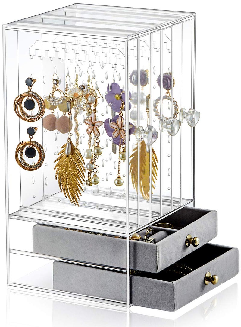 Sooyee Clear Acrylic Jewelry Storage Box,3 Vertical Drawer Earrings Display Stand Holder, Transparent 216 Holes 33 Grooves Screen Hanger Organizer for Stud Earring and Necklace,Dustproof - Image 1